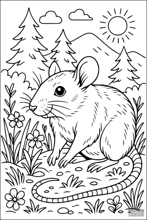 Coloring page featuring a friendly rat in a sunny forest with pine trees, wildflowers, and distant hills.