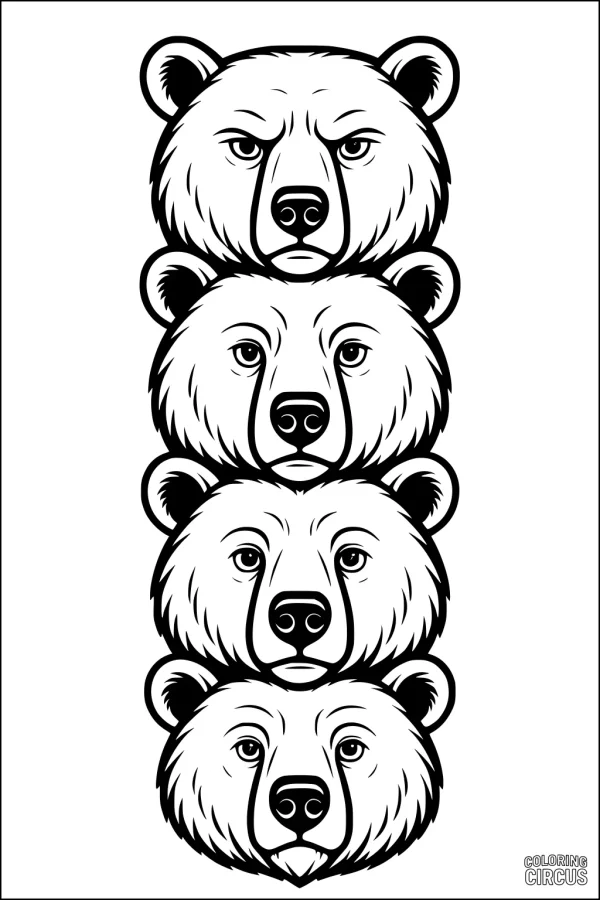 Coloring page featuring four stacked bear faces for children