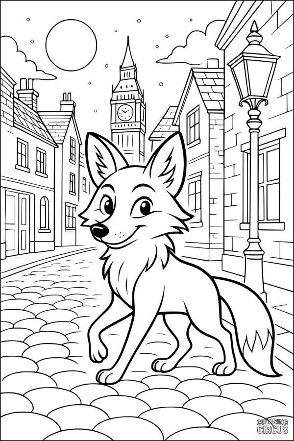 Coloring page of a smiling fox walking on cobblestone street in a city with a clock tower in the background