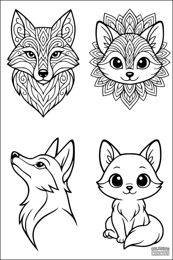Coloring page with four unique fox illustrations, including mandala patterns and cute cartoon faces.
