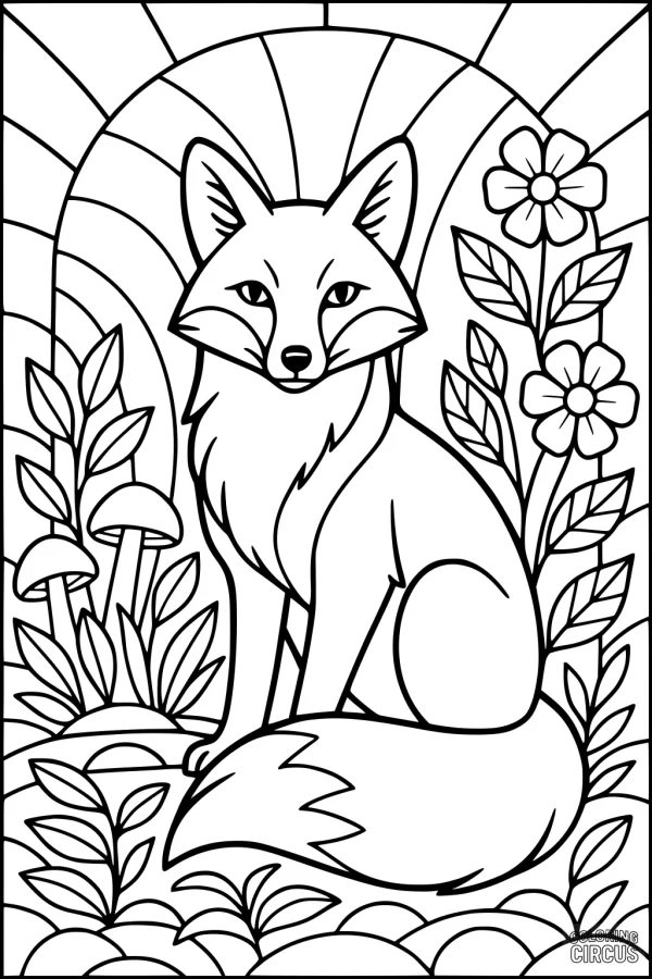 Coloring page of a sitting fox surrounded by flowers, leaves, and mushrooms in a garden