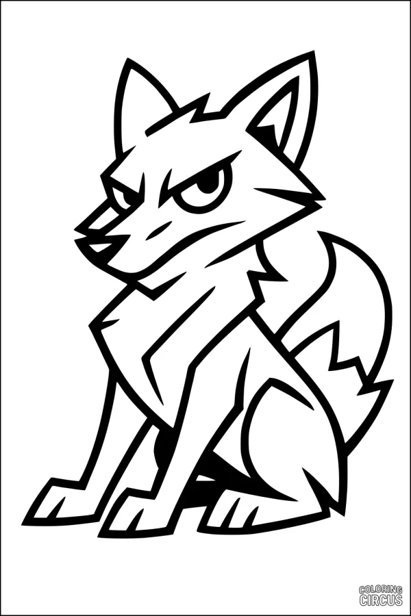 Coloring page featuring a cartoon fox sitting with alert expression