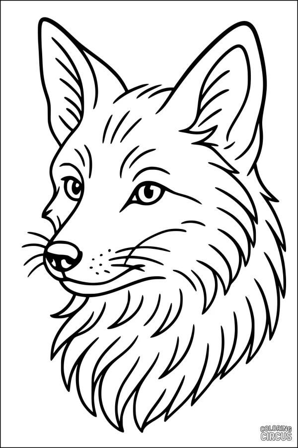 Coloring page detailed fox face with fluffy fur and expressive eyes