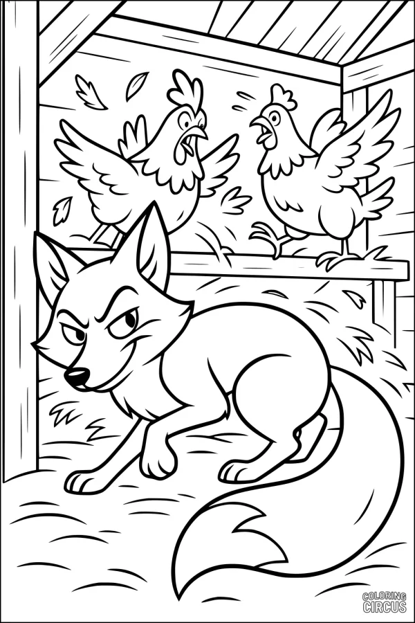 Coloring page showing a sly fox in a barn with startled chickens for kids