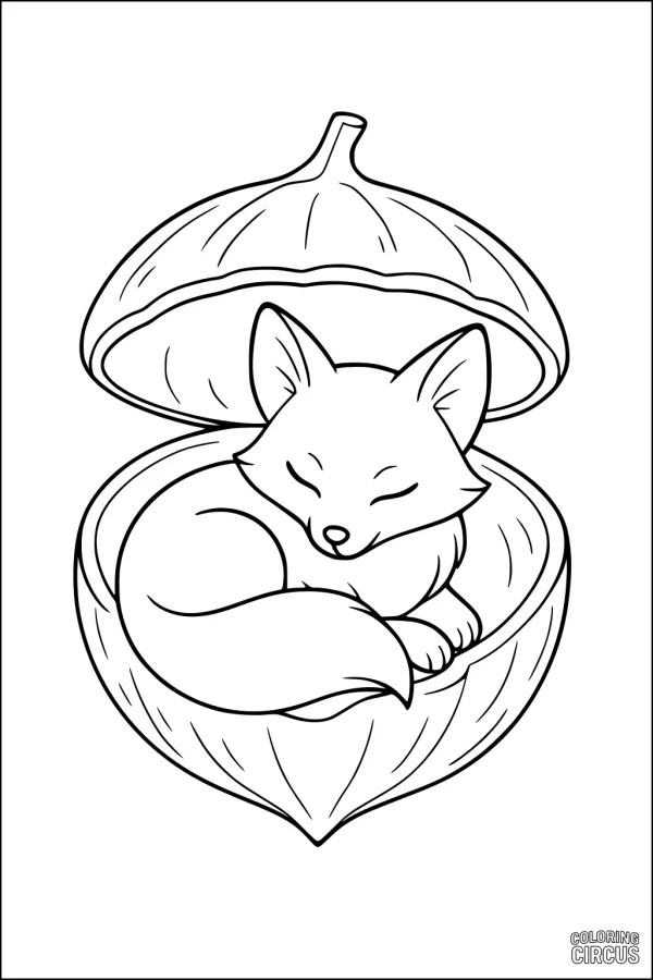 Coloring page with a cute fox curled up sleeping inside a walnut shell