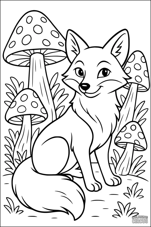 Coloring page featuring a cute fox sitting among large, spotted mushrooms and leafy plants for kids.