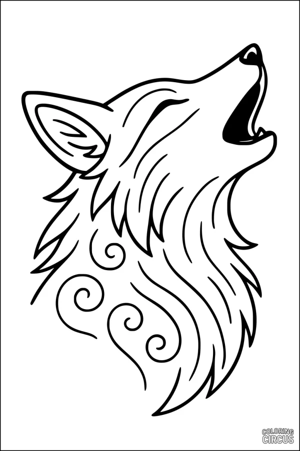 Coloring page featuring a stylized fox with swirly fur, singing with its head tilted up.