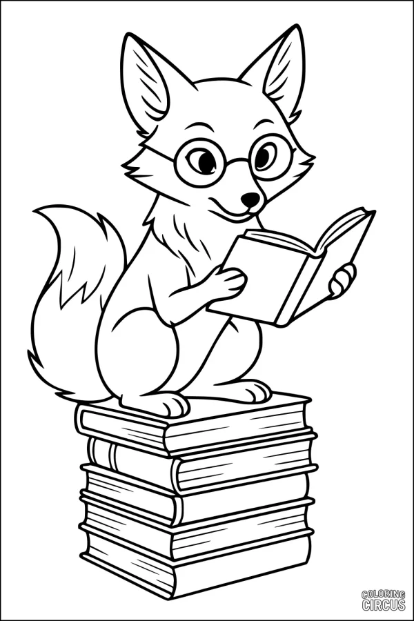 Coloring page of a cute fox with glasses reading a book while sitting on a stack of books
