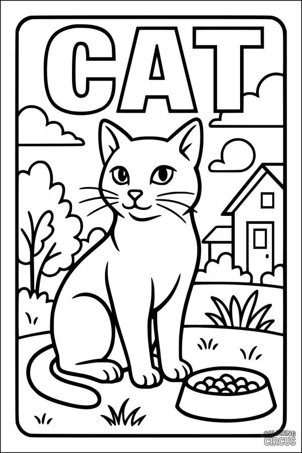 Coloring page of a smiling cat sitting in a yard with food bowl, house, trees, and clouds in the background