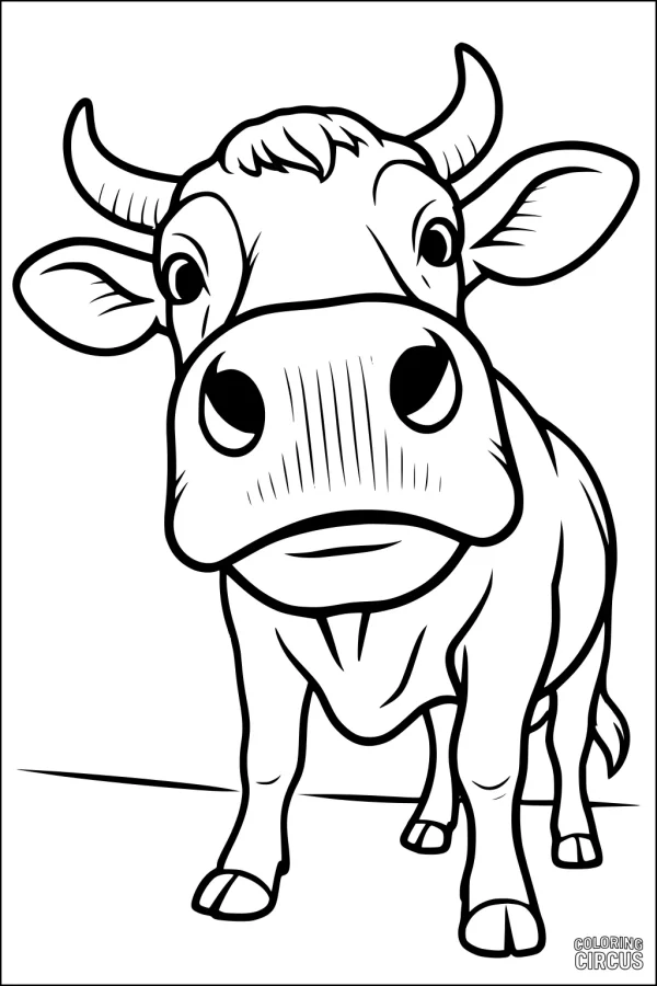 Coloring page showing a cute cartoon cow with big eyes and a wide nose, perfect for kids