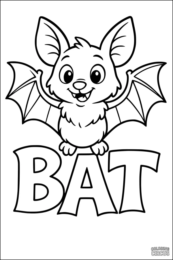 Coloring page featuring a cute cartoon bat with big ears and open wings sitting above the word BAT, designed for young children