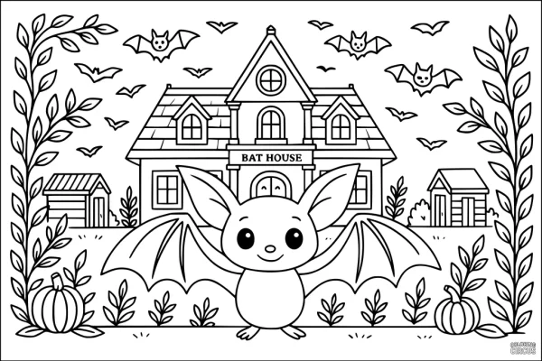 Coloring page featuring a cute bat in front of a large house with flying bats, pumpkins, and plants.