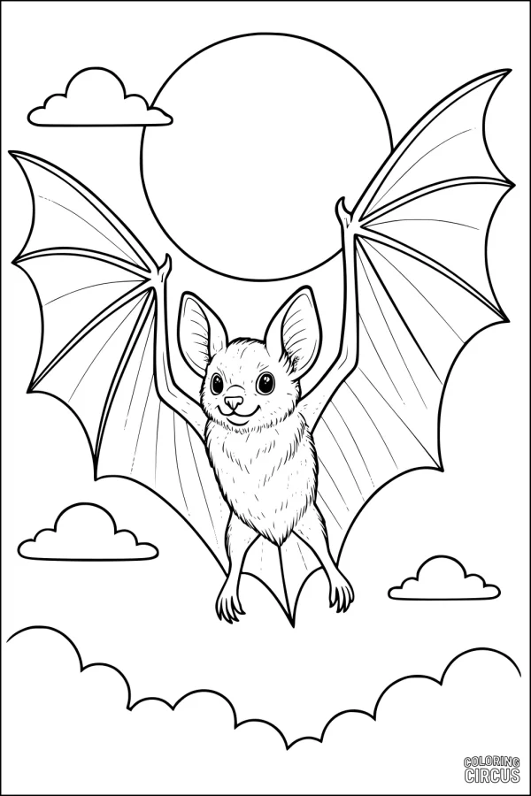 Coloring page of a cute bat with outstretched wings flying near the moon and clouds in the sky