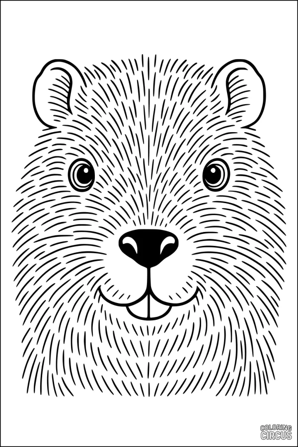 Coloring page close-up of a cute beaver's face with friendly expression and simple fur lines