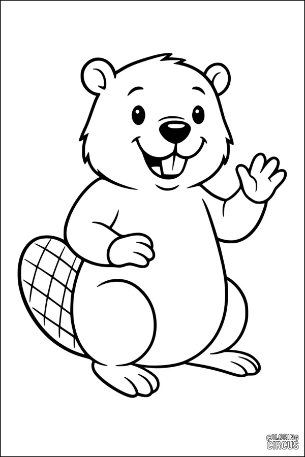 Coloring page featuring a smiling cartoon beaver waving