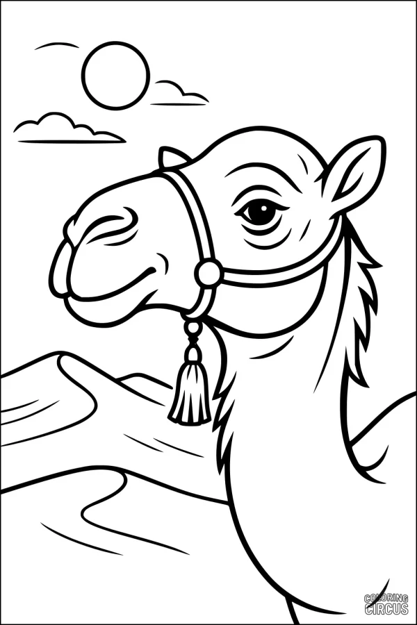 Coloring page featuring a smiling camel with desert dunes, sun, and clouds