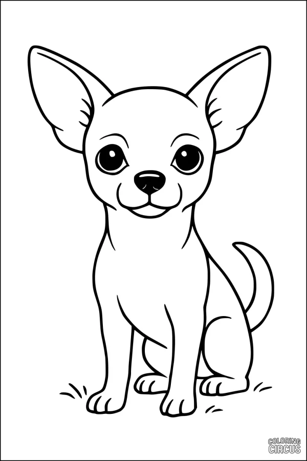 Coloring page showing a cute cartoon dog with big ears and round eyes sitting on grass