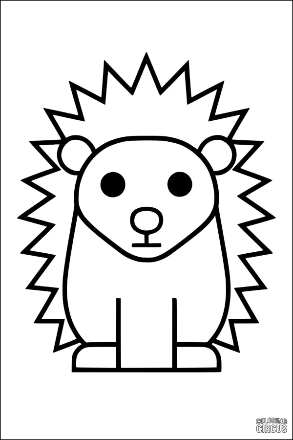 Coloring page featuring a simple cartoon hedgehog with big eyes and spiky outline