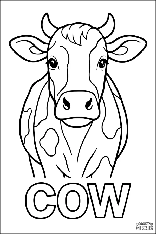 Coloring page featuring a cute cartoon cow with simple outlines and the word cow underneath