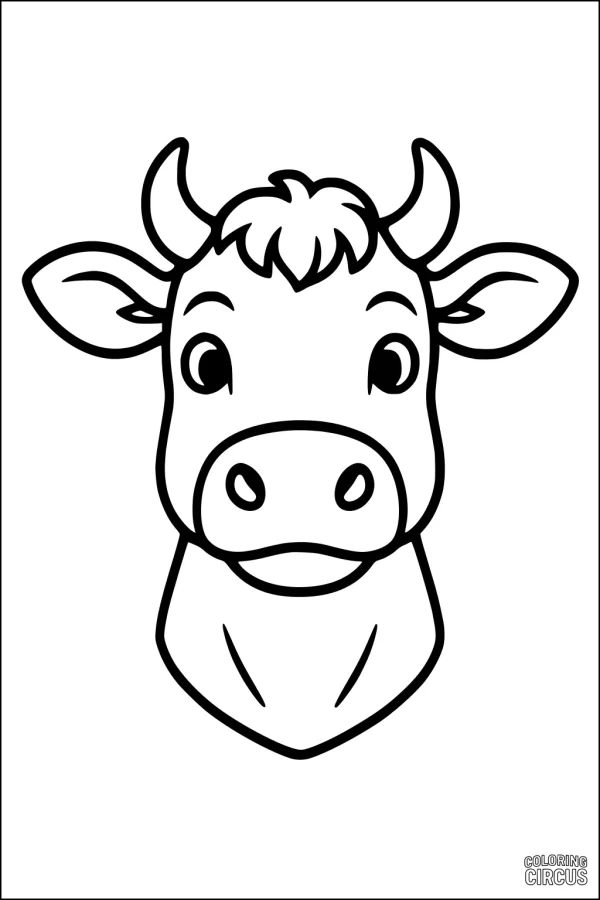 Coloring page showing a cute cartoon cow face with large eyes and friendly expression.