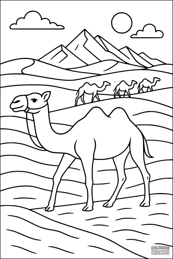 Coloring page featuring a camel in the desert with mountains, sun, clouds, and more camels in the background