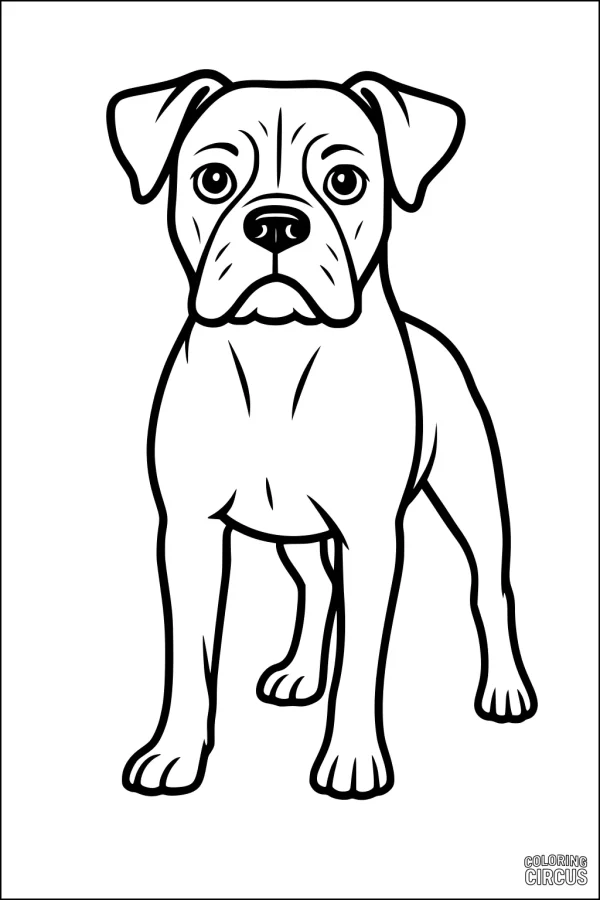 Coloring page of a cartoon-style standing dog with big eyes and floppy ears