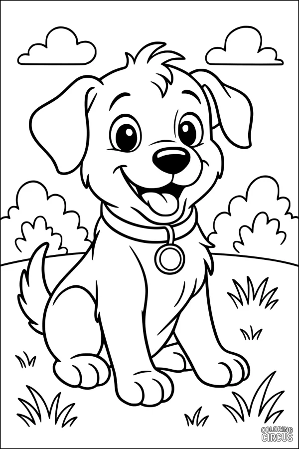 Coloring page of a cute cartoon dog sitting in grass with a collar, surrounded by bushes and clouds.