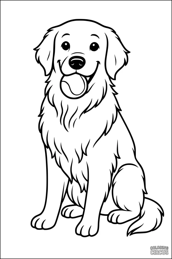 Coloring page featuring a cute, fluffy dog sitting with its tongue out and a happy expression