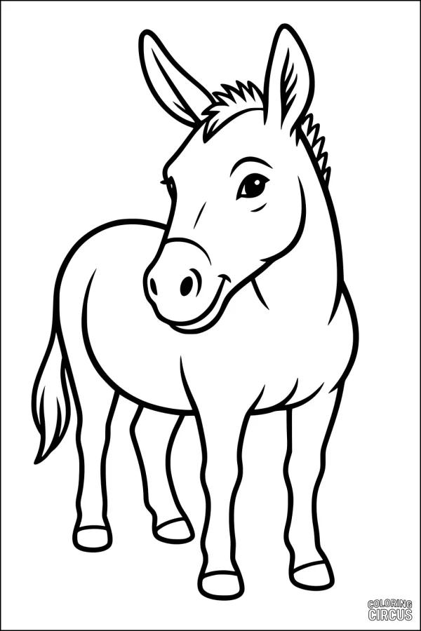 Coloring page showing a smiling cartoon donkey standing and facing forward