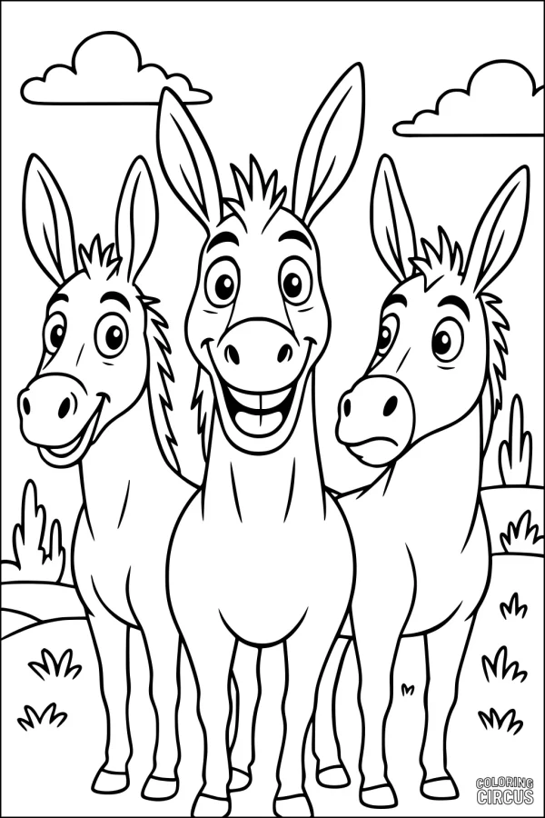 Coloring page with three cartoon donkeys in a grassy field under clouds