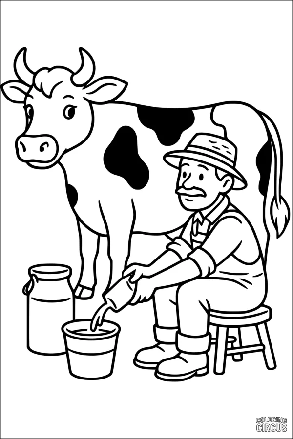 Coloring page showing a farmer milking a happy cow on the farm