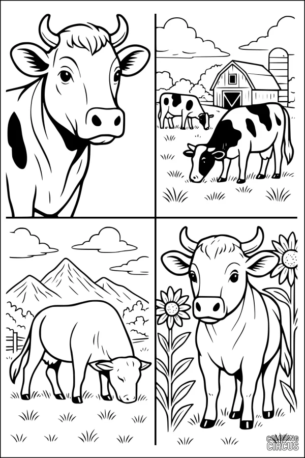Coloring page with four farm cow scenes, featuring barns, fields, mountains, and sunflowers.
