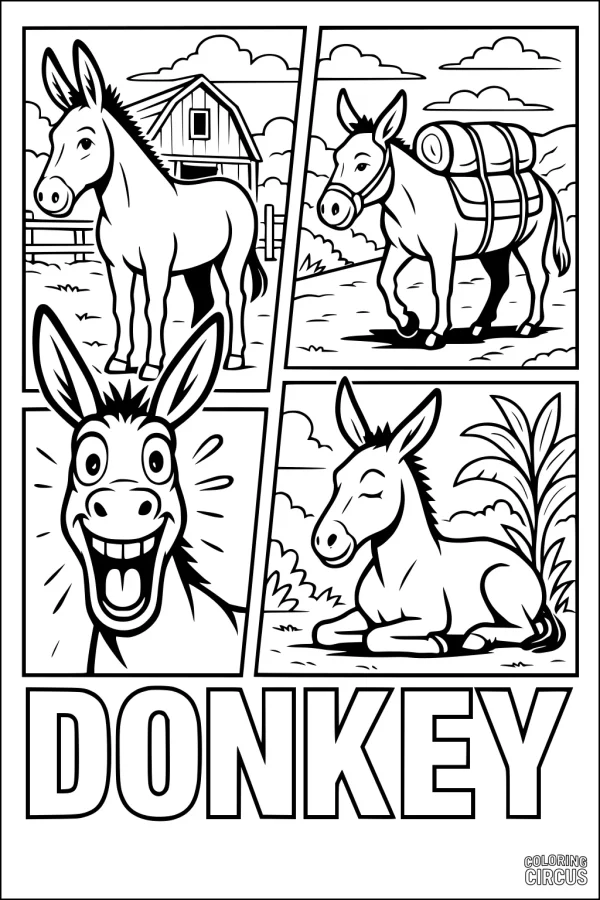 Coloring page with four cartoon donkeys in farm scenes, including happy, resting, and working donkeys with a barn and countryside background.