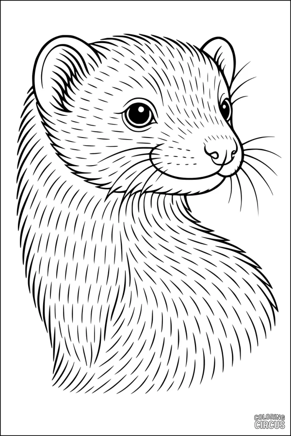Coloring page of a smiling ferret with detailed fur