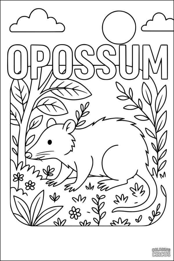 Coloring page of a cartoon opossum surrounded by plants, flowers, sun, and clouds