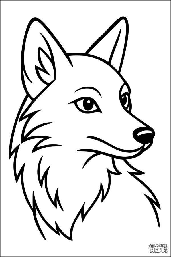 Coloring page of a friendly fox face with expressive features and fluffy fur for children