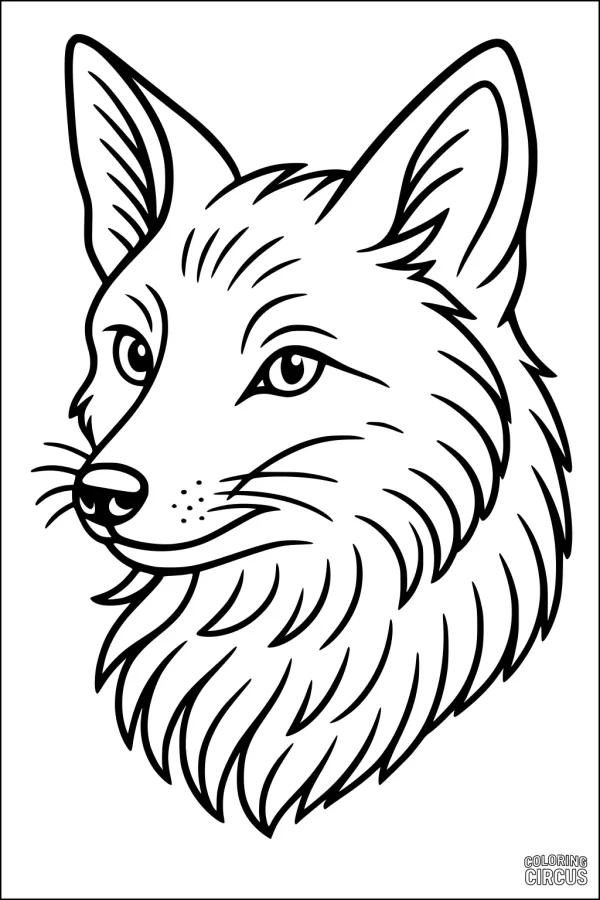 Coloring page fox head with fluffy fur and big ears in bold black outlines