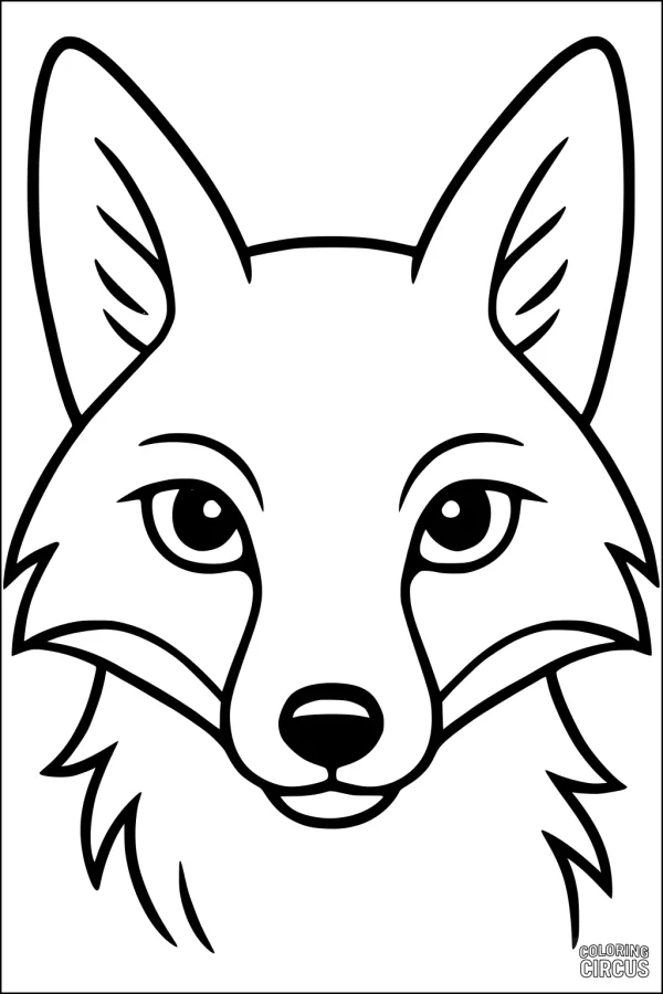 Coloring page showing a friendly fox face with large ears and gentle eyes