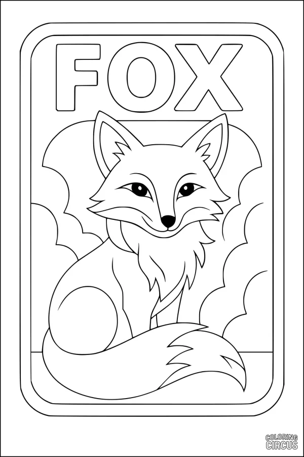 Coloring page with a cute cartoon fox sitting inside a border, surrounded by simple clouds and bold text reading 'FOX'