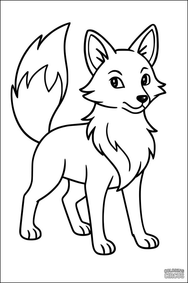 Coloring page of a cute fox with a bushy tail standing and smiling