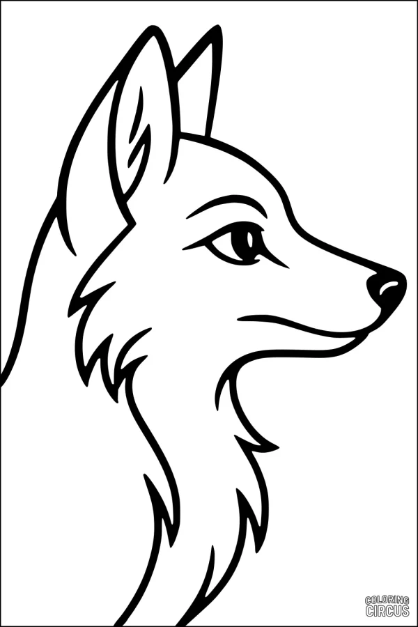 Coloring page showing a simple fox head with fluffy fur and upright ears in a friendly cartoon style.