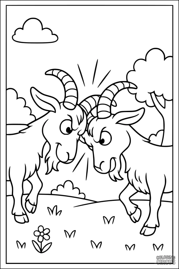 Coloring page featuring two cartoon goats playfully butting heads on a grassy field with trees and clouds
