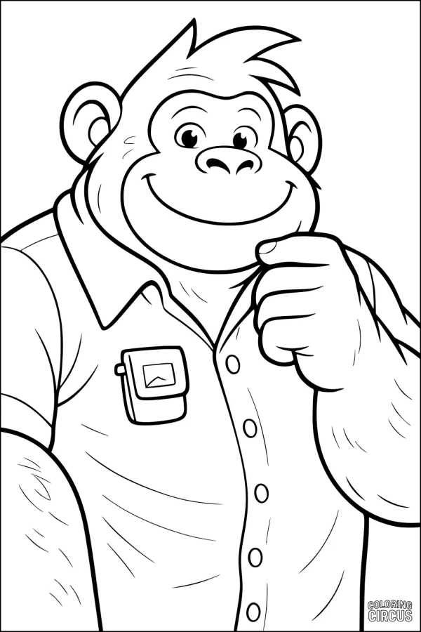 Coloring page of a smiling cartoon gorilla wearing a shirt and standing upright, perfect for young children.