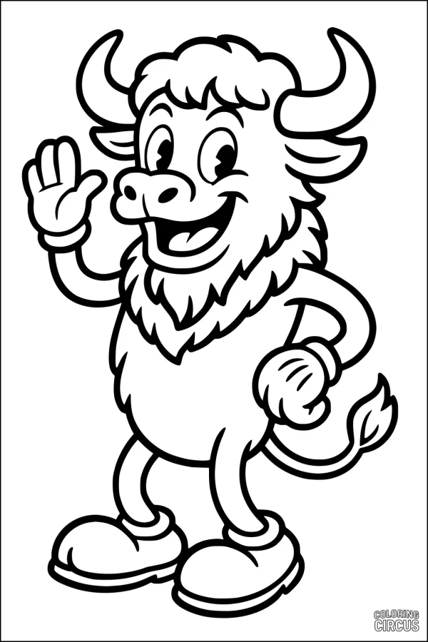 Coloring page of a cartoon bison waving and smiling, perfect for young children in the bison or buffalo category.