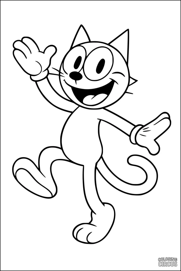 Coloring page of a cheerful cartoon cat waving and smiling