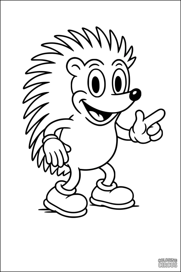 Coloring page featuring a cartoon hedgehog waving and smiling, perfect for kids