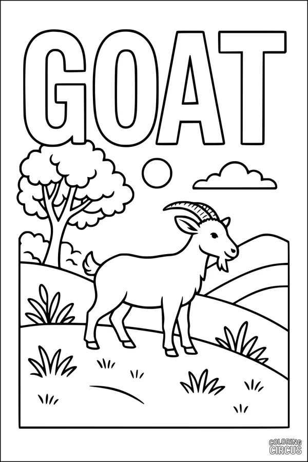 Coloring page of a goat standing on a grassy hill with a tree, sun, clouds, and large letters spelling 'GOAT'.