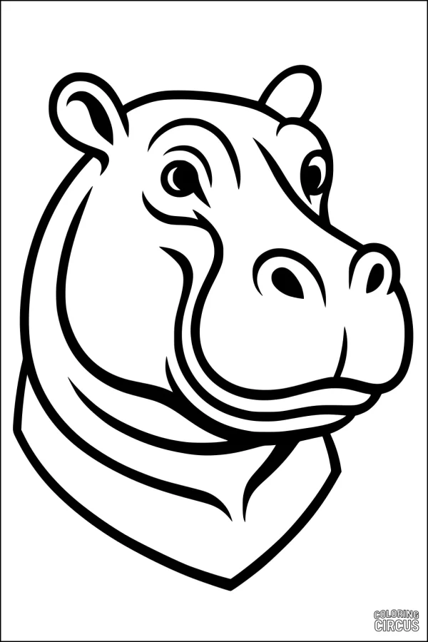 Coloring page featuring a smiling cartoon hippopotamus head with bold outlines
