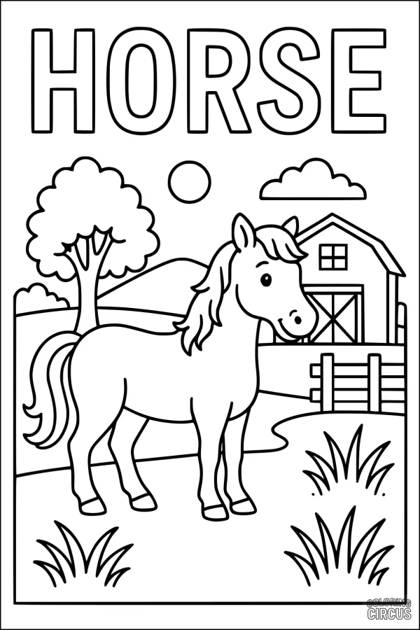 Coloring page featuring a cute horse standing near a barn with a tree, sun, and grass in a farm setting