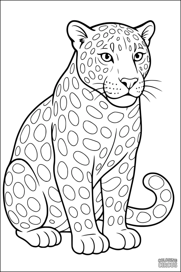 Coloring page showing a cartoon jaguar with large spots, sitting and facing forward